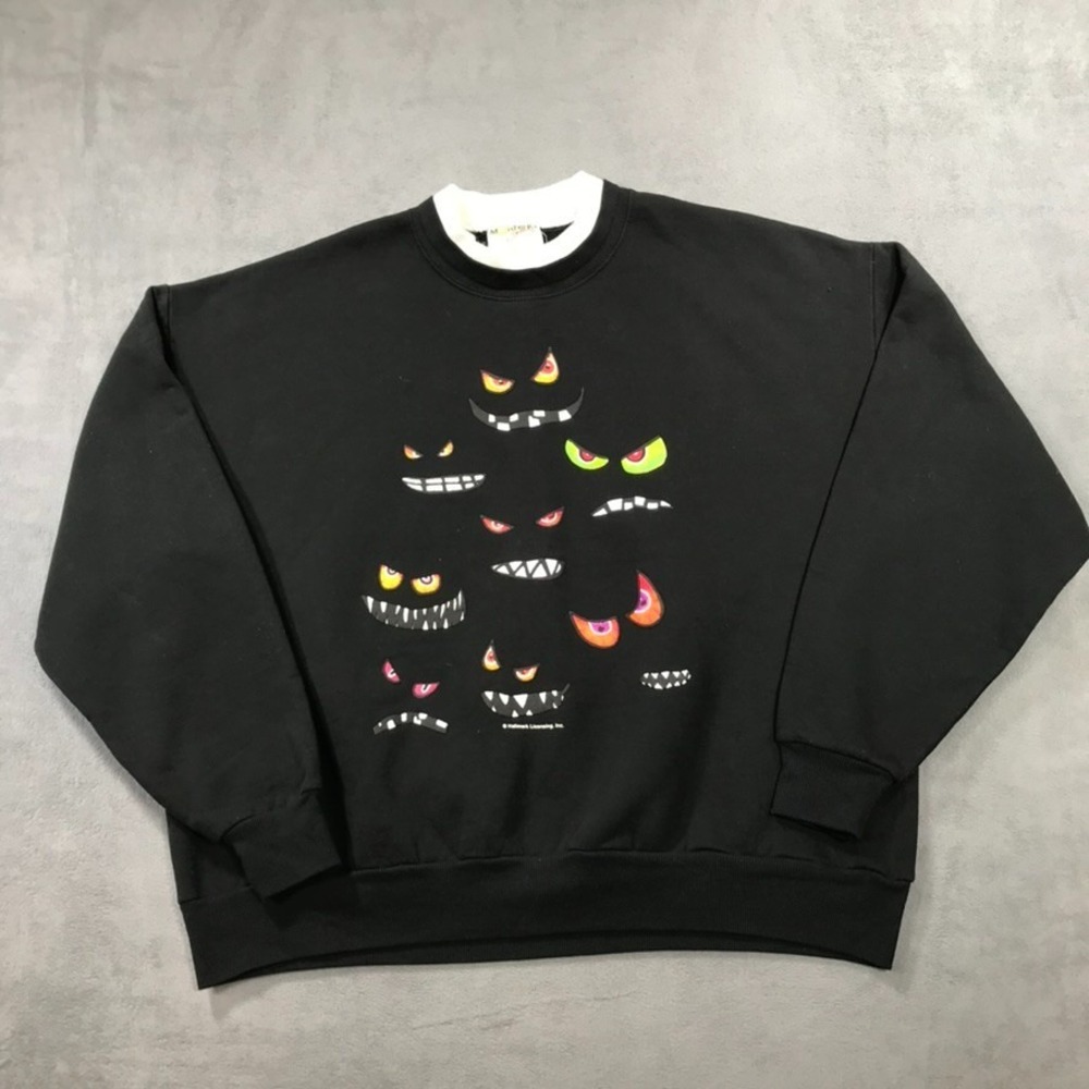 Vintage Morning Sun Halloween Sweatshirt Womens XL Monster Face 90s Spooky Black